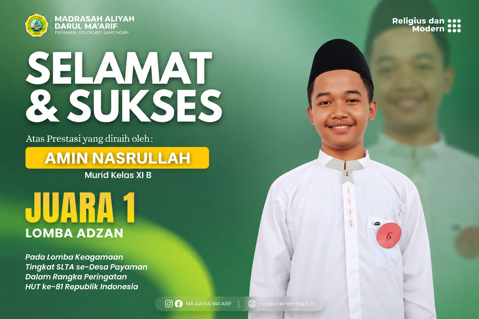 Siswa MA Darul Ma’arif Raih Juara 1 Lomba Adzan Tingkat SLTA se-Desa Payaman