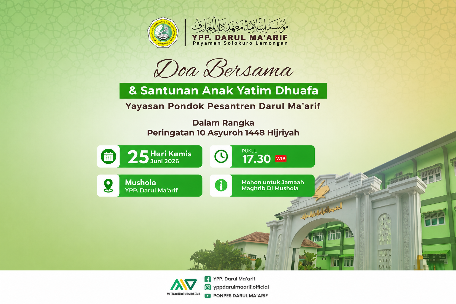 YPP Darul Ma’arif Gelar Doa Bersama dan Santunan Anak Yatim Dhuafa Peringati 10 Asyuro 1448 H