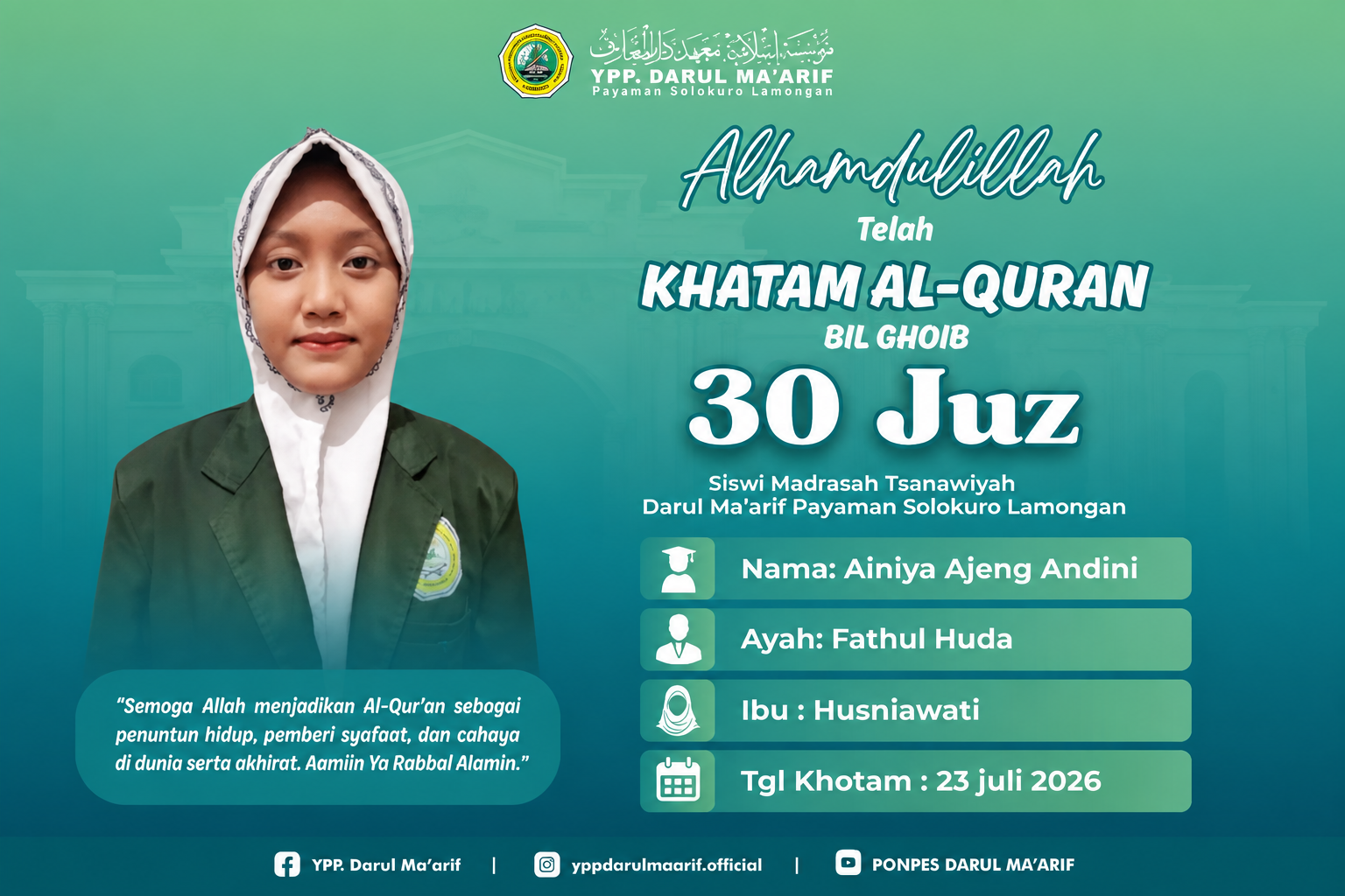 Siswi MTs Darul Ma’arif Berhasil Khatam Al-Qur’an Bil Ghoib 30 Juz