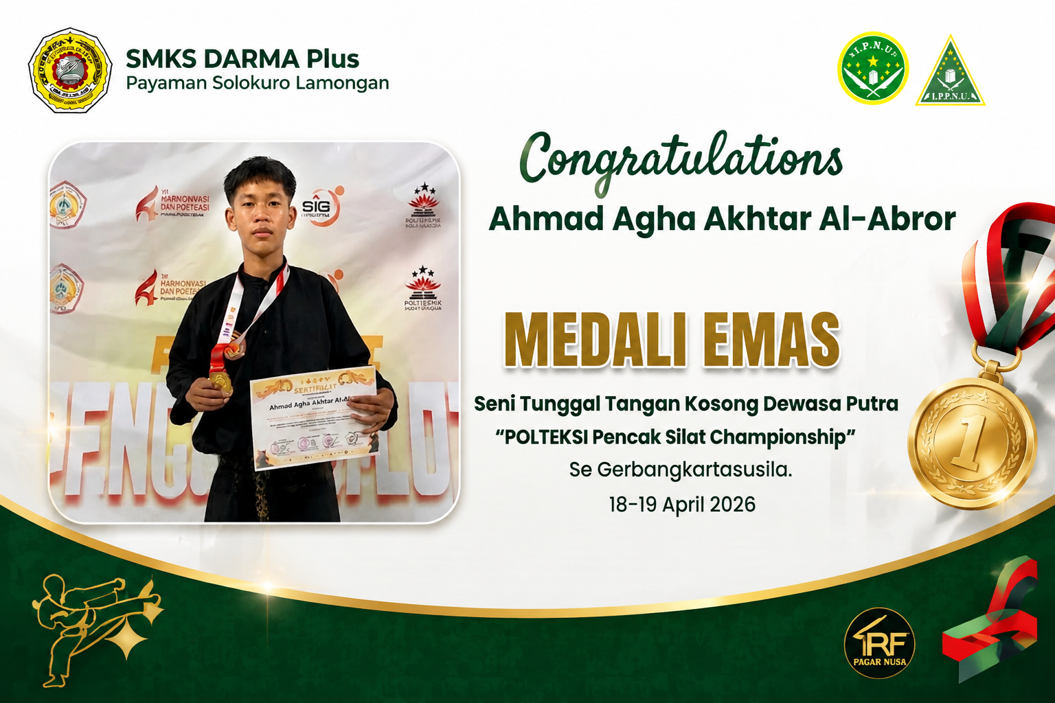 Siswa SMKS Darma Plus Raih Medali Emas Polteksi Pencak Silat Championship 2026