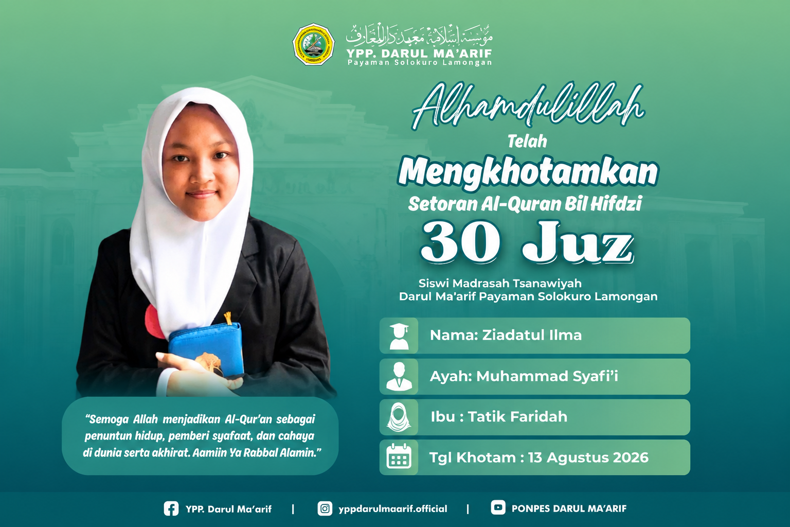 Siswi MTs Darul Ma’arif Berhasil Mengkhatamkan Hafalan Al-Qur’an 30 Juz