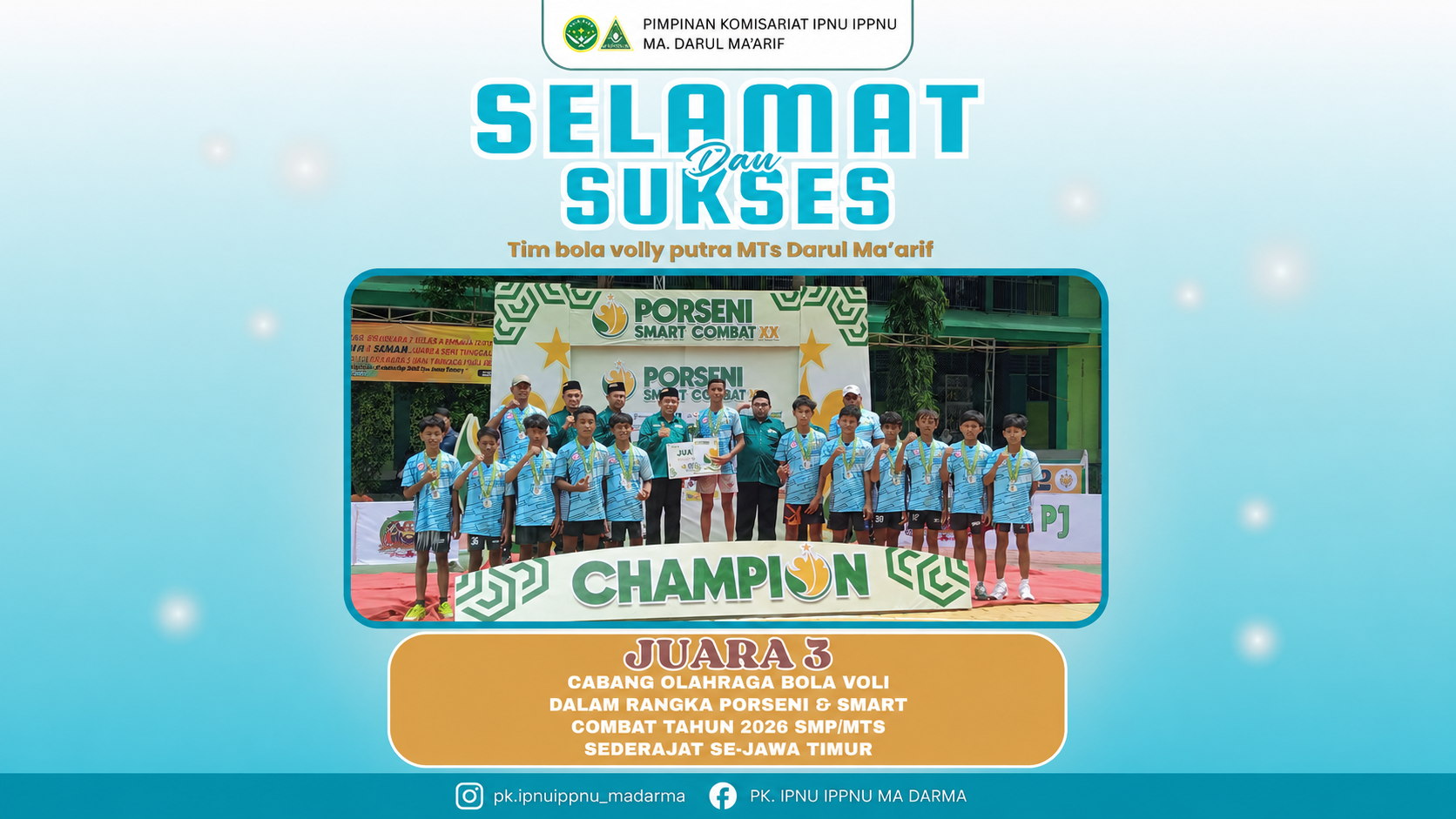 Tim Bola Voli Putra MTs Darul Ma’arif Raih Juara 3 PORSENI & SMART COMBAT Tingkat Jawa Timur